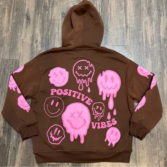 Faded Rose Essentials Positive Vibes Smiley Face Brown Pink Sweatshirt Hoodie S - Picture 8 of 13